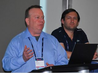 Member of Bayer team at a conference