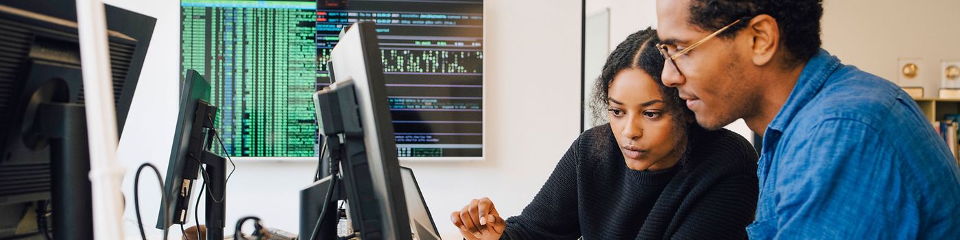 Two people looking at computer