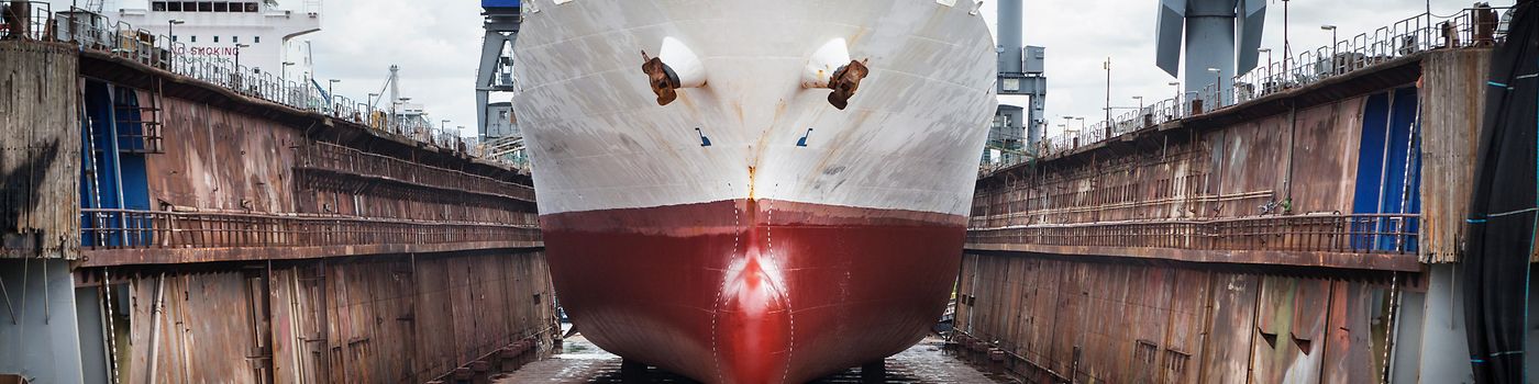 A commercial vessel in dry dock at a shipping yard with gantries and containers.