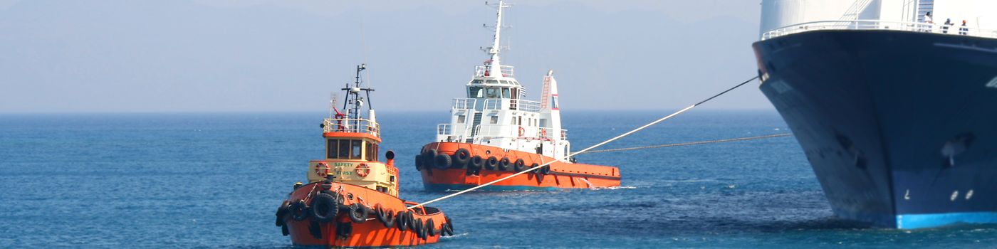 Tugboat, ferry, work boat and recreational vessel entering a harbor in daylight.