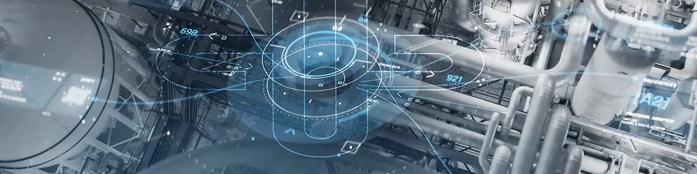 Aerial view of plant with technical schematics